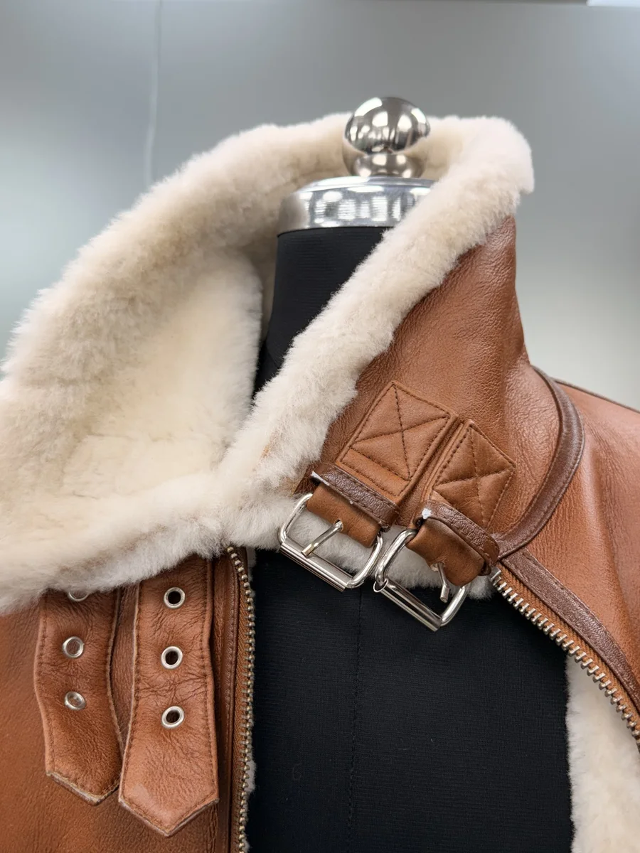 Tan Shearling-Lined Aviator Jacket, view 2