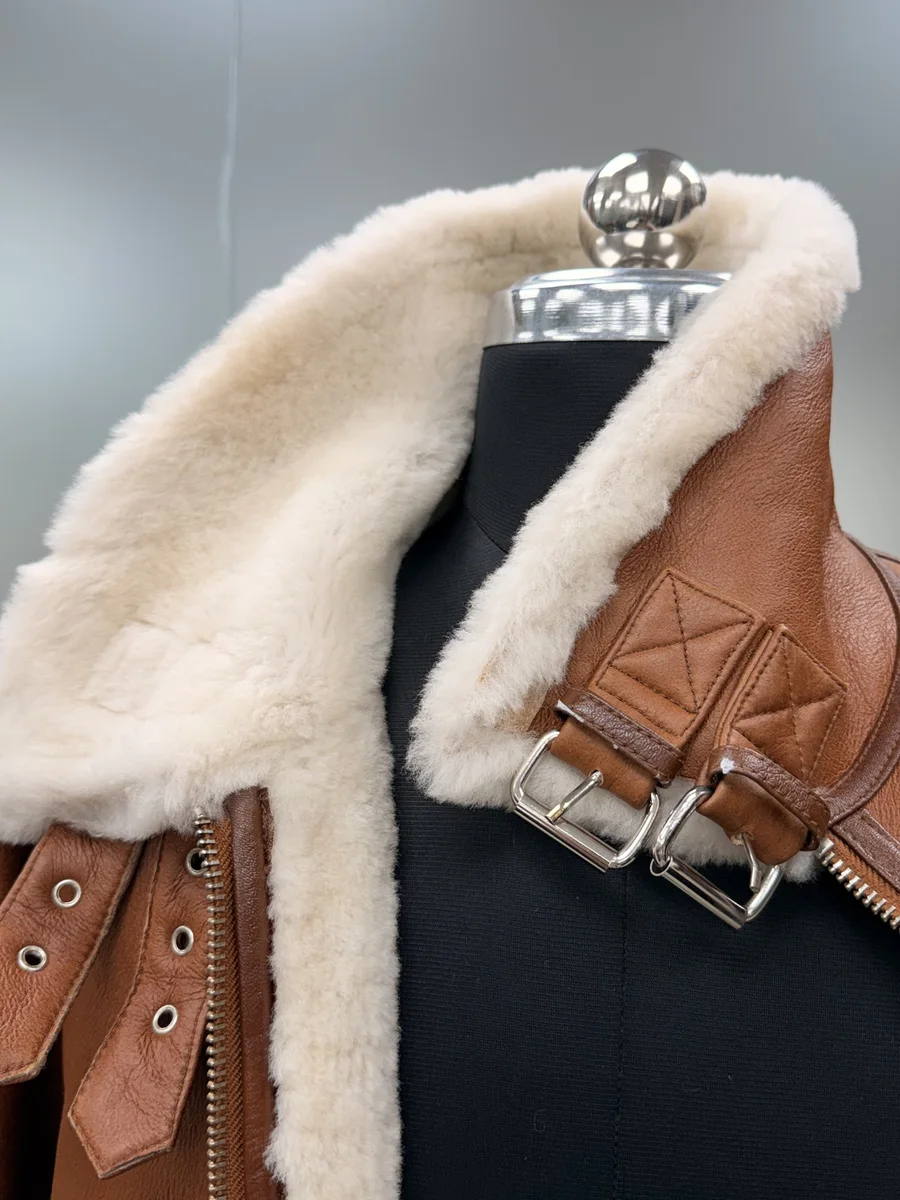 Tan Shearling-Lined Aviator Jacket, view 3