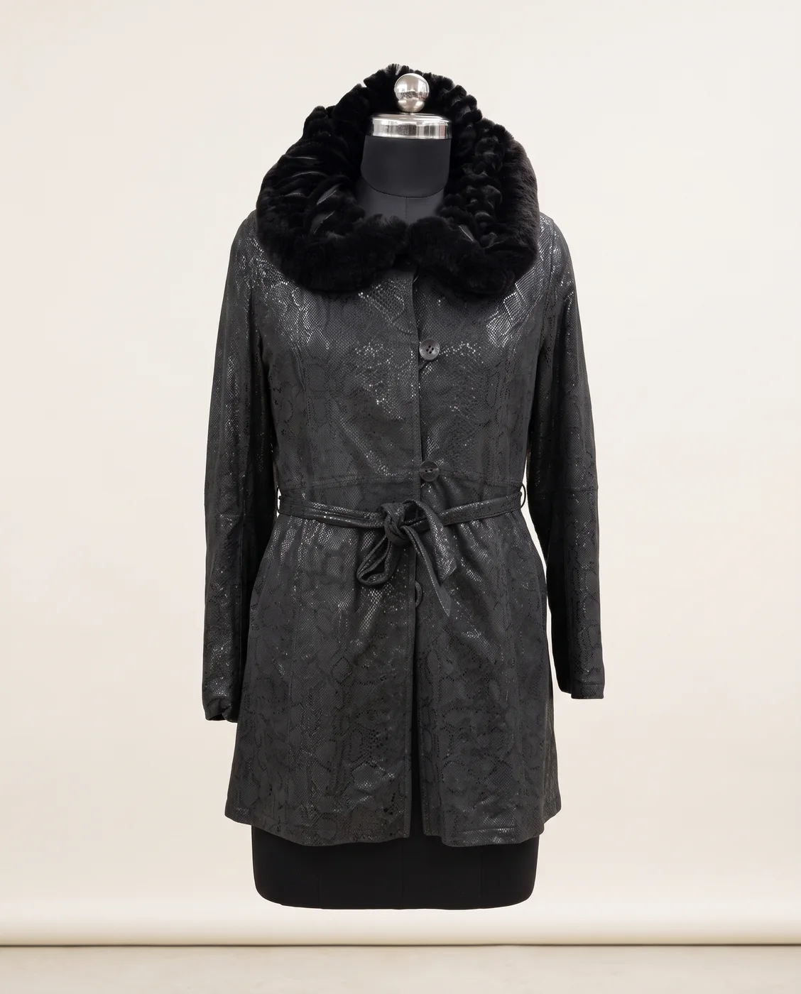 Charcoal Embossed Suede Fur-Collar Belted Coat