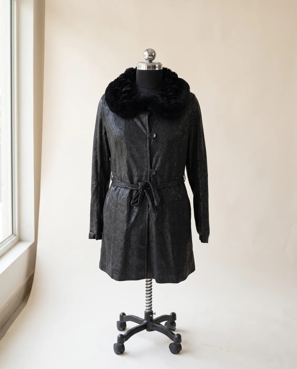 Charcoal Embossed Suede Fur-Collar Belted Coat, view
