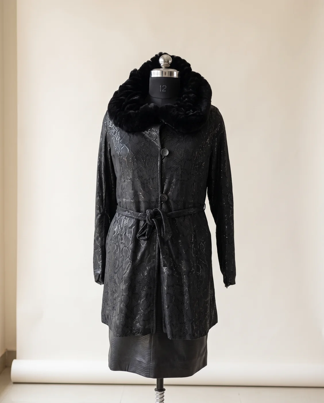 Charcoal Embossed Suede Fur-Collar Belted Coat, view