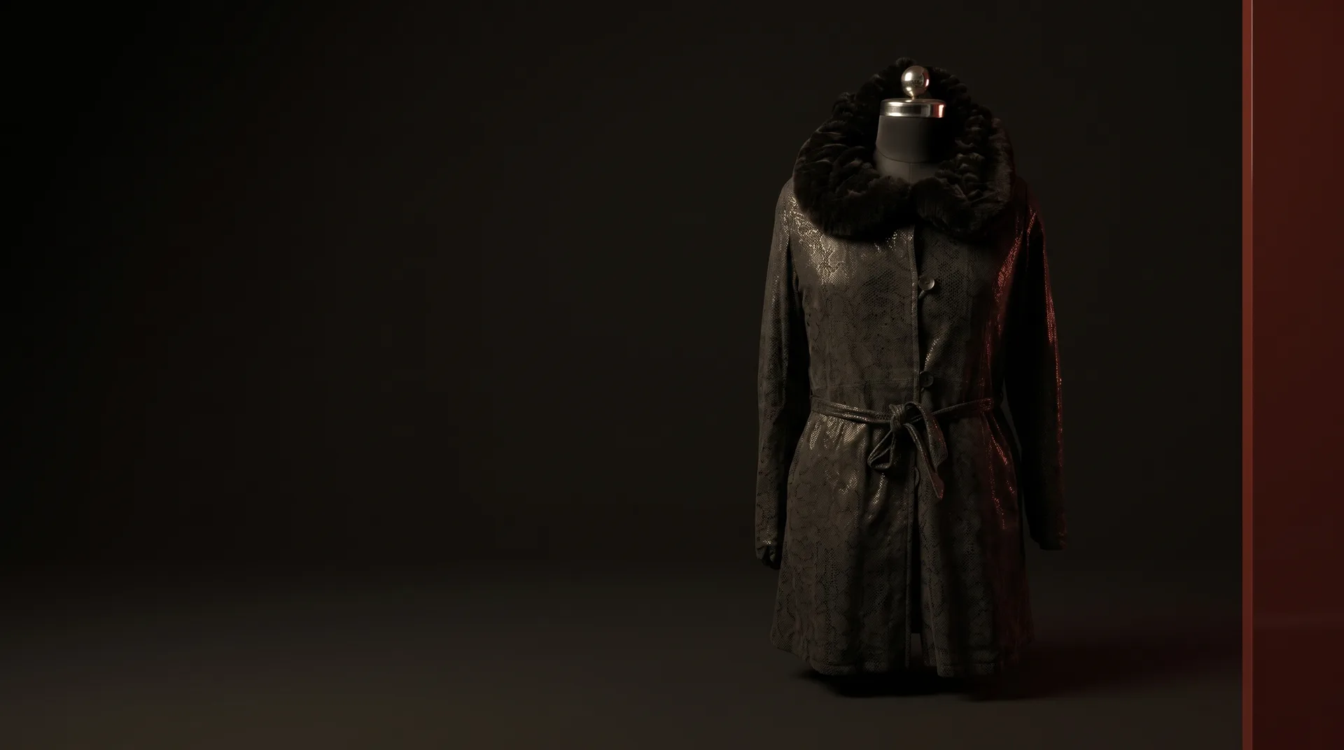 Charcoal Embossed Suede Fur-Collar Belted Coat, view 1
