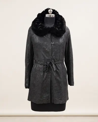 Charcoal Embossed Suede Fur-Collar Belted Coat