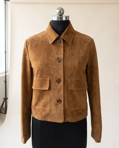 Tan Suede Button-Front Boxy Jacket