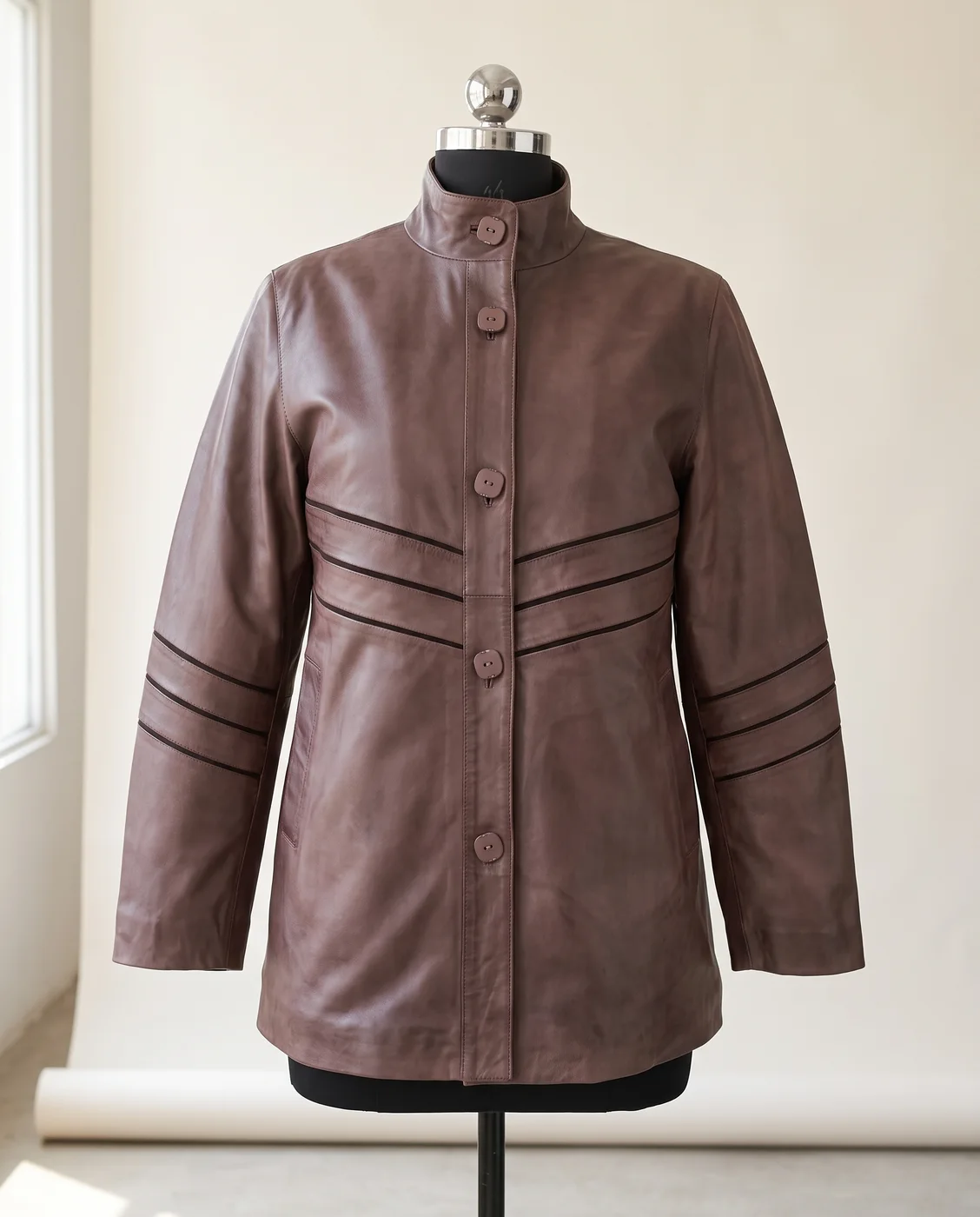 Mauve Leather Panelled Stand-Collar Coat