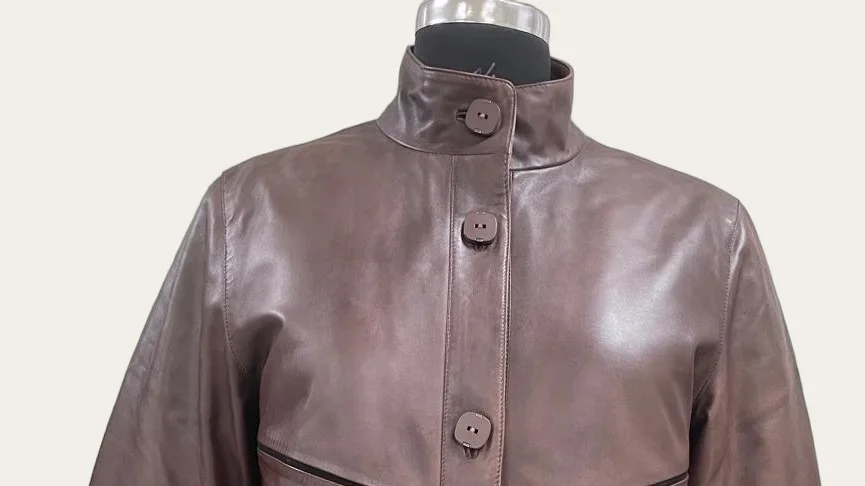 Mauve Leather Panelled Stand-Collar Coat, view