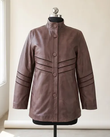 Mauve Leather Panelled Stand-Collar Coat