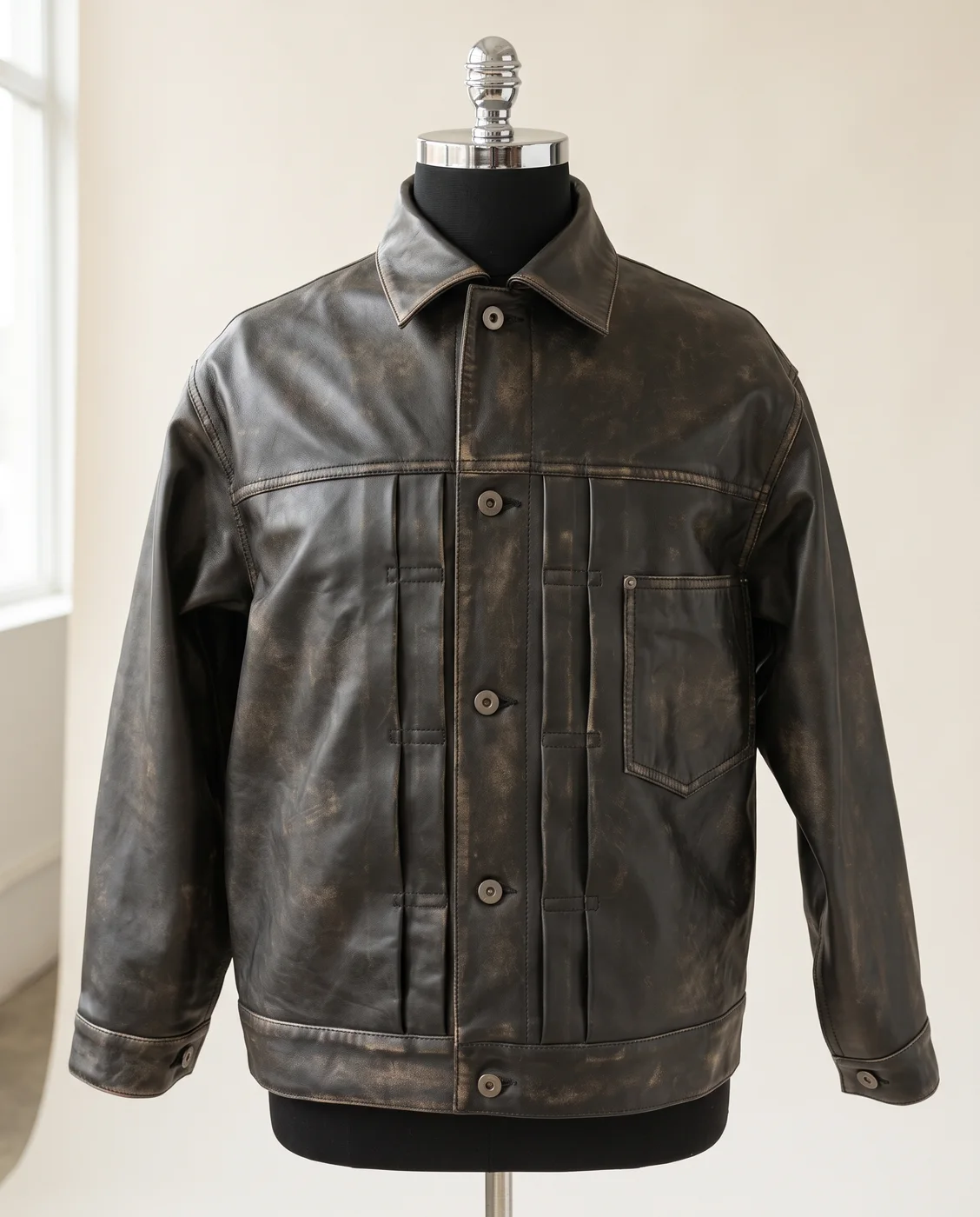 Distressed Grey Leather Trucker Jacket
