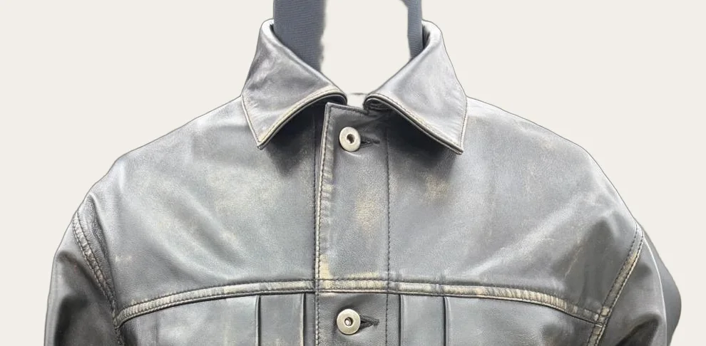 Distressed Grey Leather Trucker Jacket, view