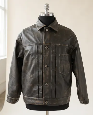 Distressed Grey Leather Trucker Jacket
