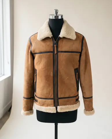 Tan Shearling-Collar Aviator Jacket