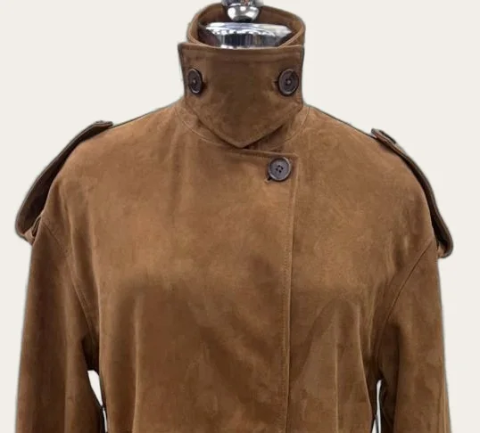 Brown Suede Belted Trench Coat, view