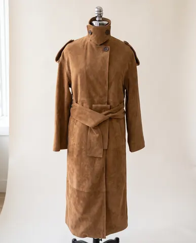 Brown Suede Belted Trench Coat