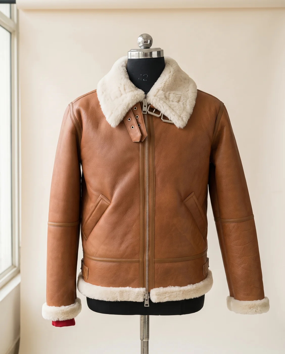 Tan Shearling-Trim Aviator Jacket