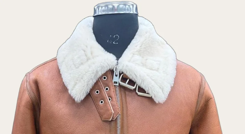Tan Shearling-Trim Aviator Jacket, view