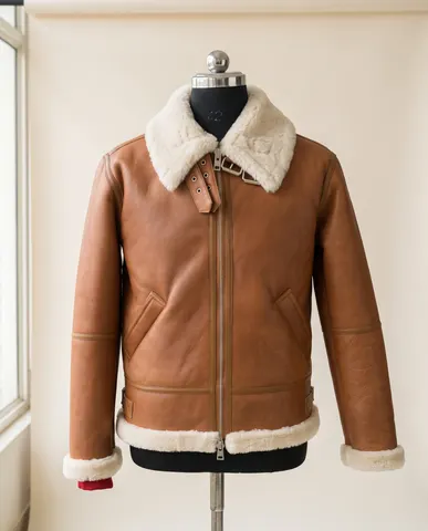 Tan Shearling-Trim Aviator Jacket