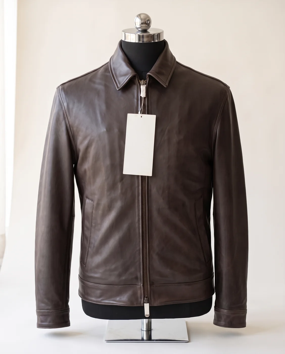 Grey Leather Zip Blouson Jacket