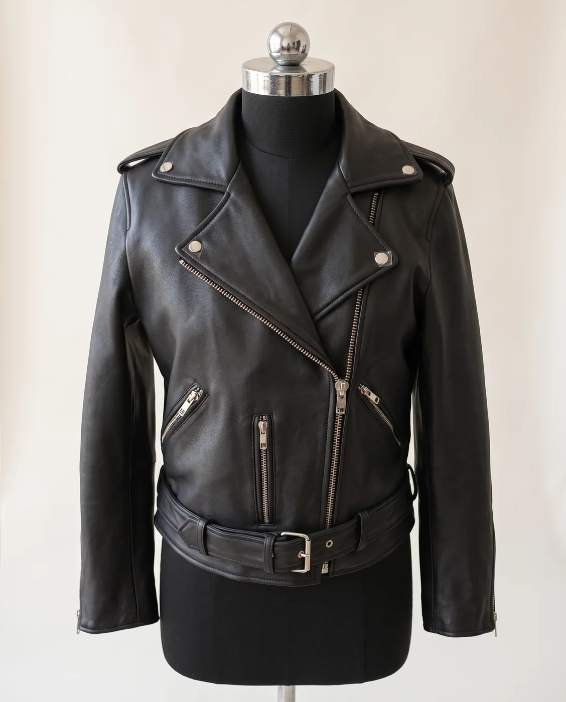 Grey Leather Belted Biker Jacket