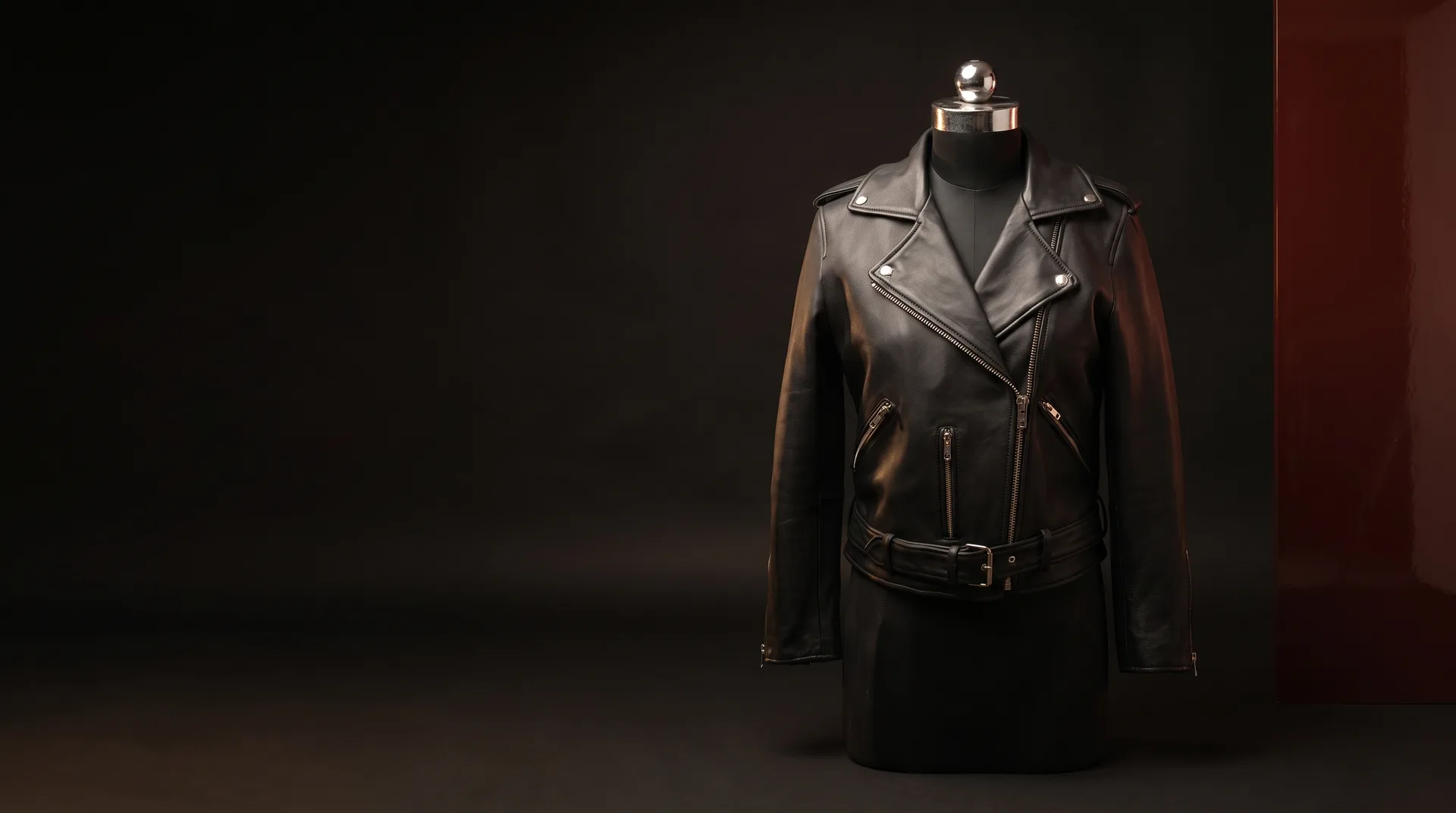 Grey Leather Belted Biker Jacket, view