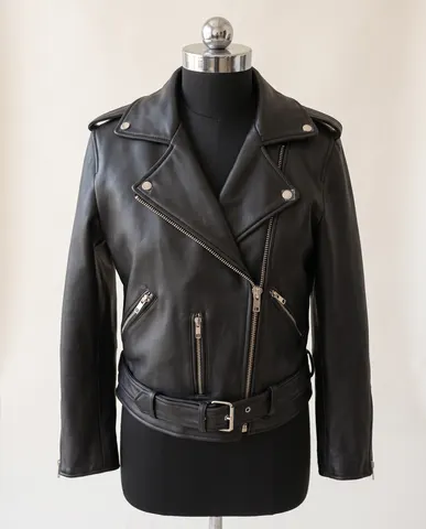 Grey Leather Belted Biker Jacket