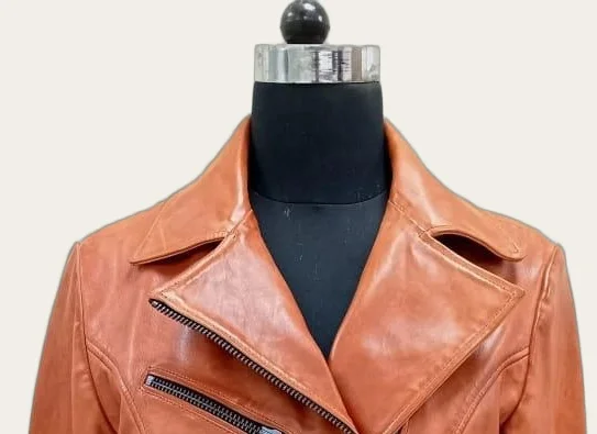 Cognac Leather Biker Jacket, view