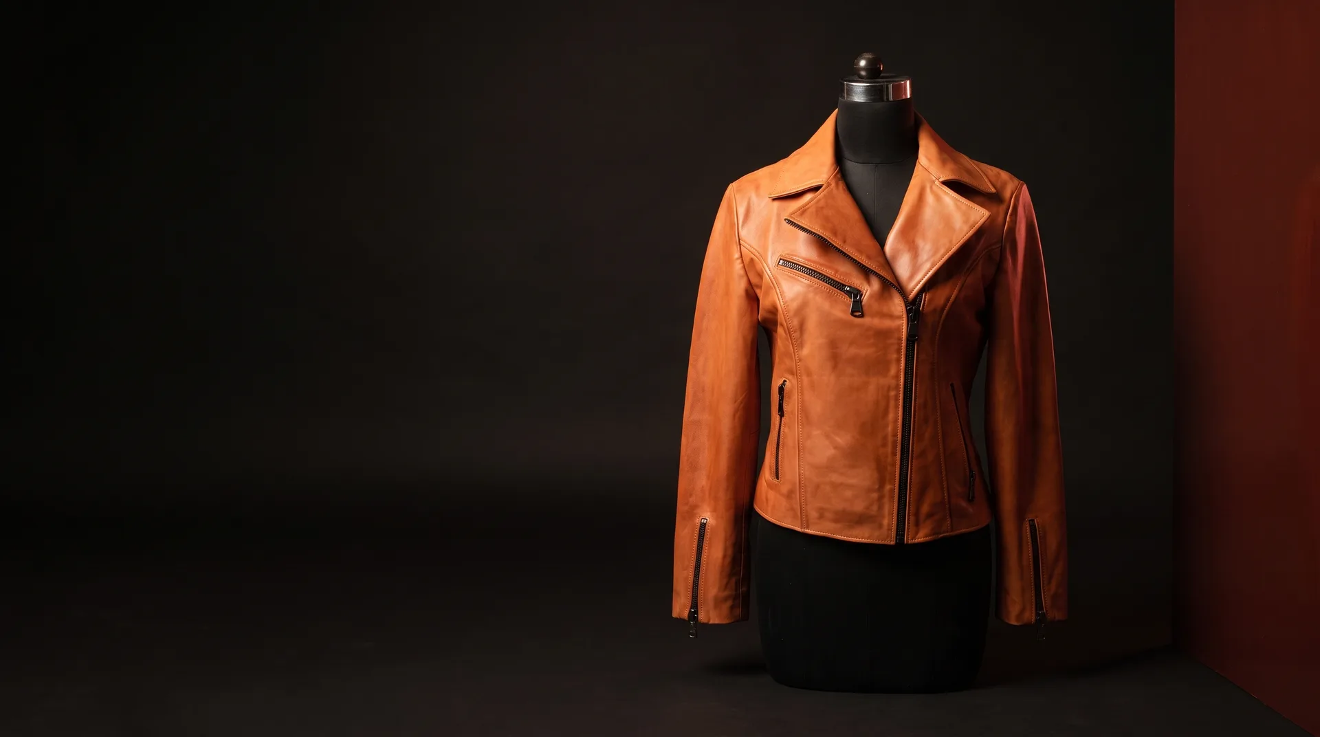 Cognac Leather Biker Jacket, view