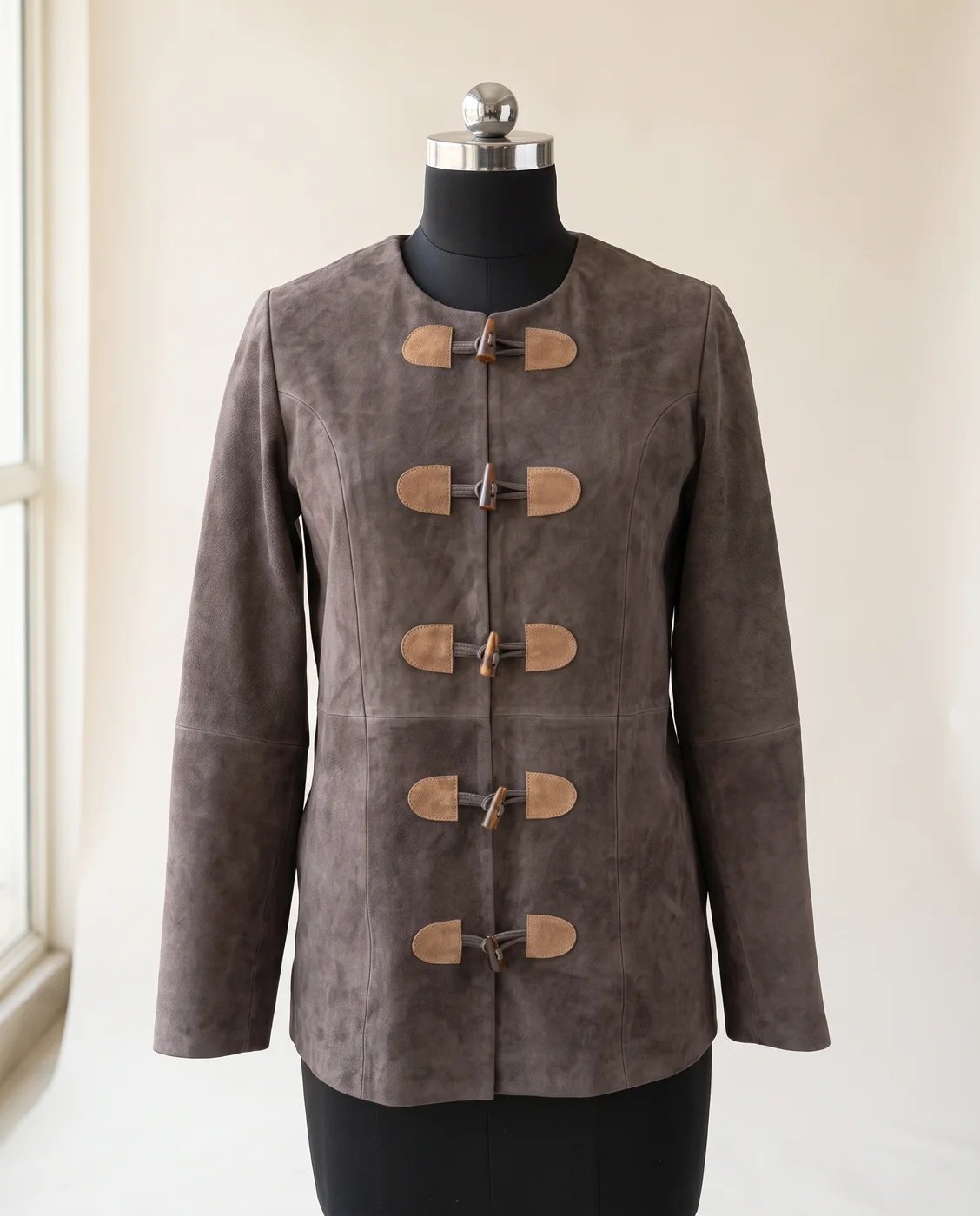 Grey Suede Toggle-Front Jacket