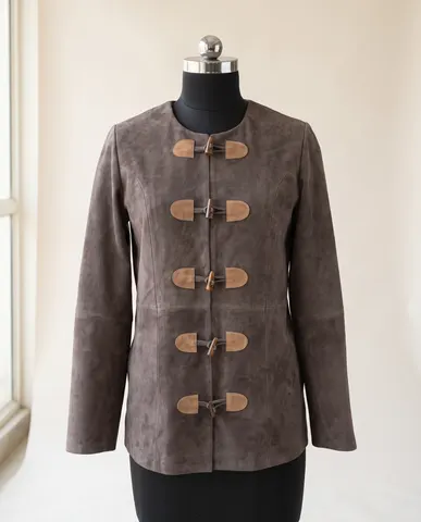Grey Suede Toggle-Front Jacket