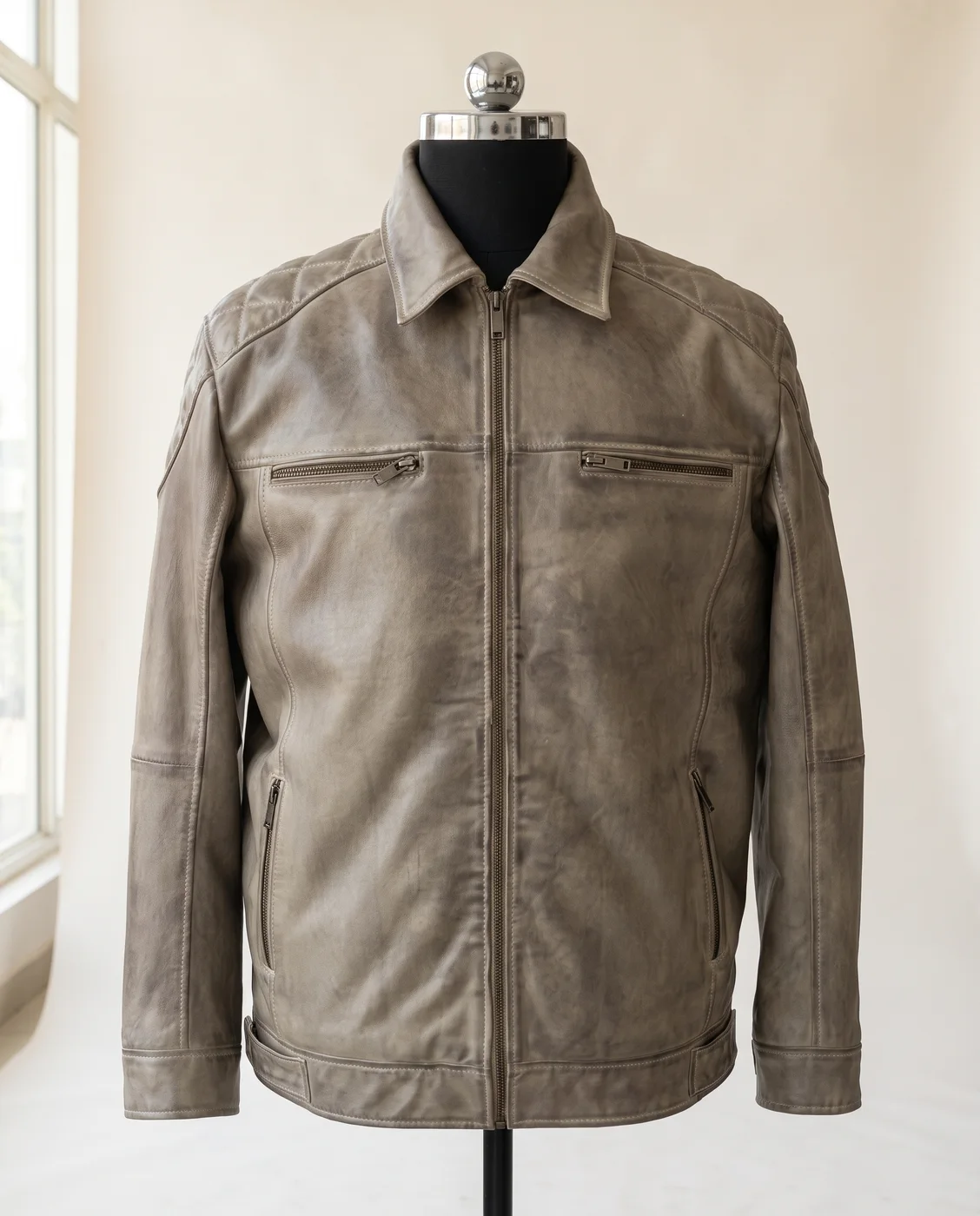 Olive Distressed Leather Zip Jacket