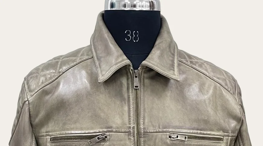 Olive Distressed Leather Zip Jacket, view