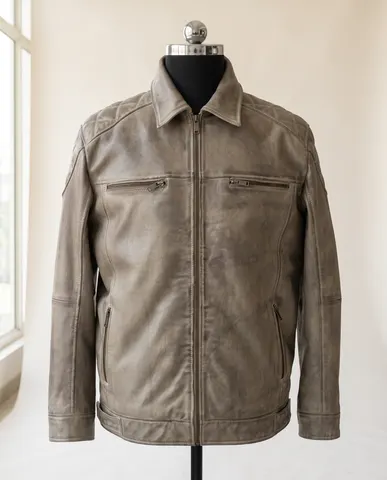 Olive Distressed Leather Zip Jacket