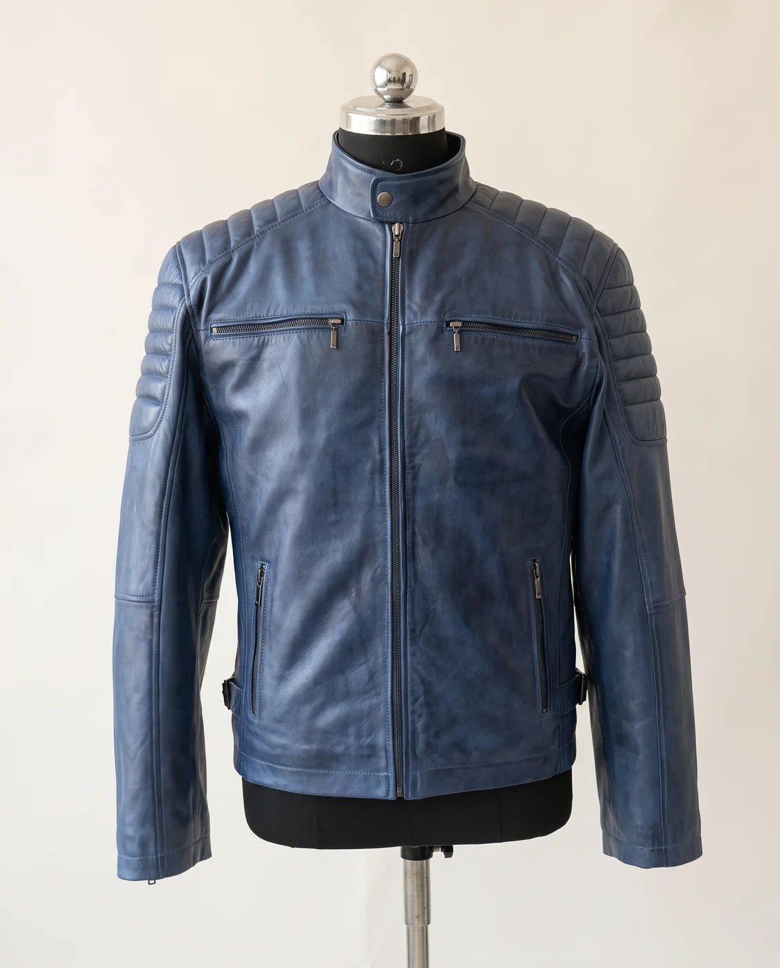 Blue Quilted-Shoulder Leather Biker Jacket