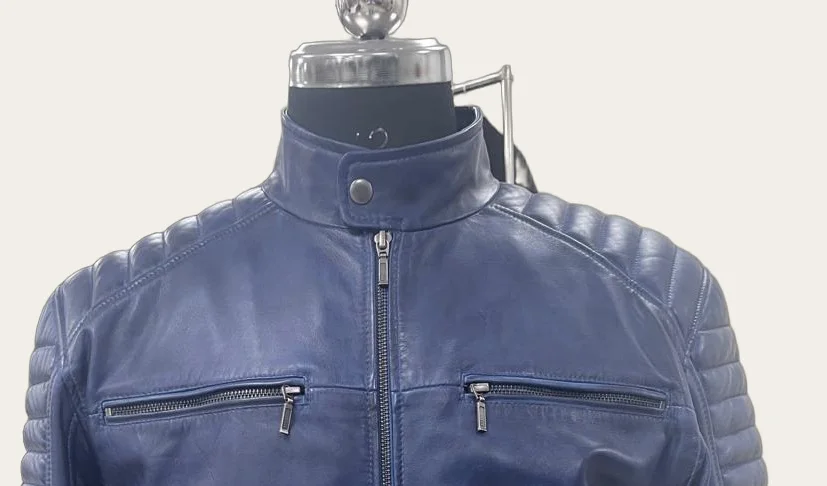 Blue Quilted-Shoulder Leather Biker Jacket, view
