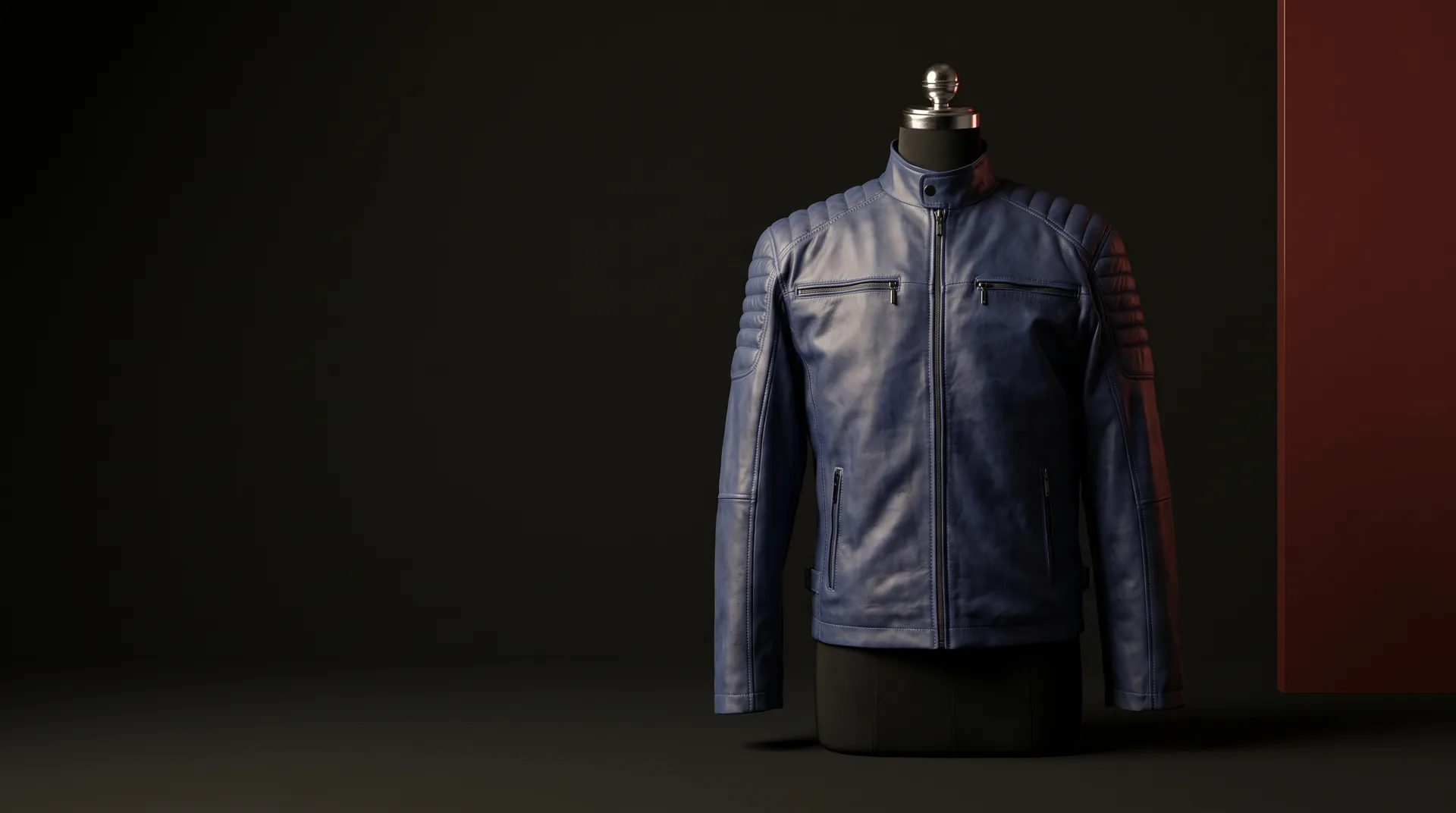 Blue Quilted-Shoulder Leather Biker Jacket, view