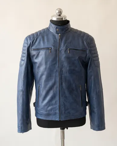 Blue Quilted-Shoulder Leather Biker Jacket