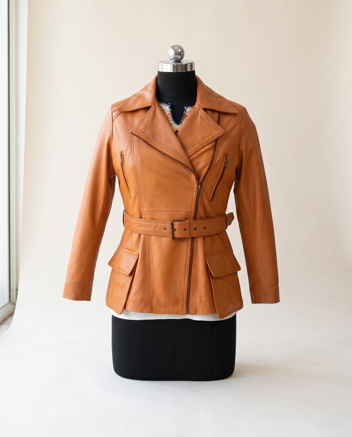 Cognac Leather Belted Peplum Jacket