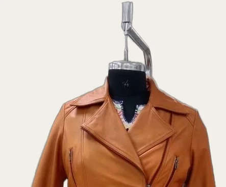 Cognac Leather Belted Peplum Jacket, view