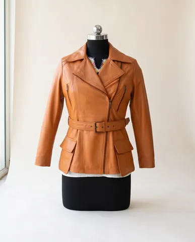 Cognac Leather Belted Peplum Jacket
