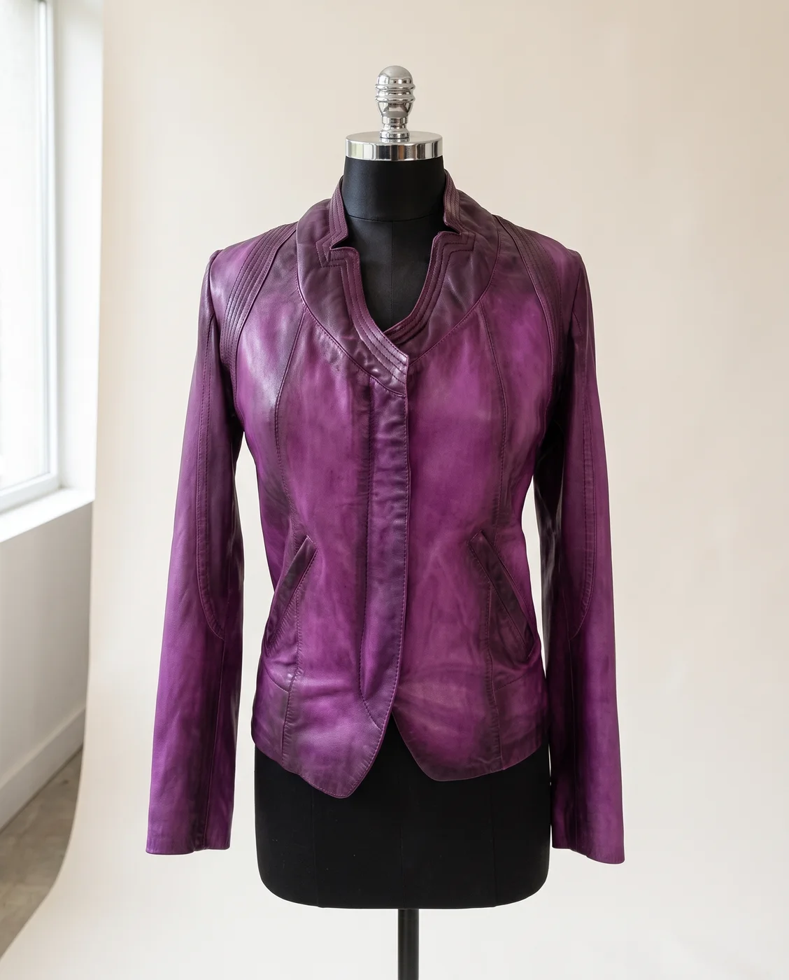 Magenta Distressed Leather Jacket