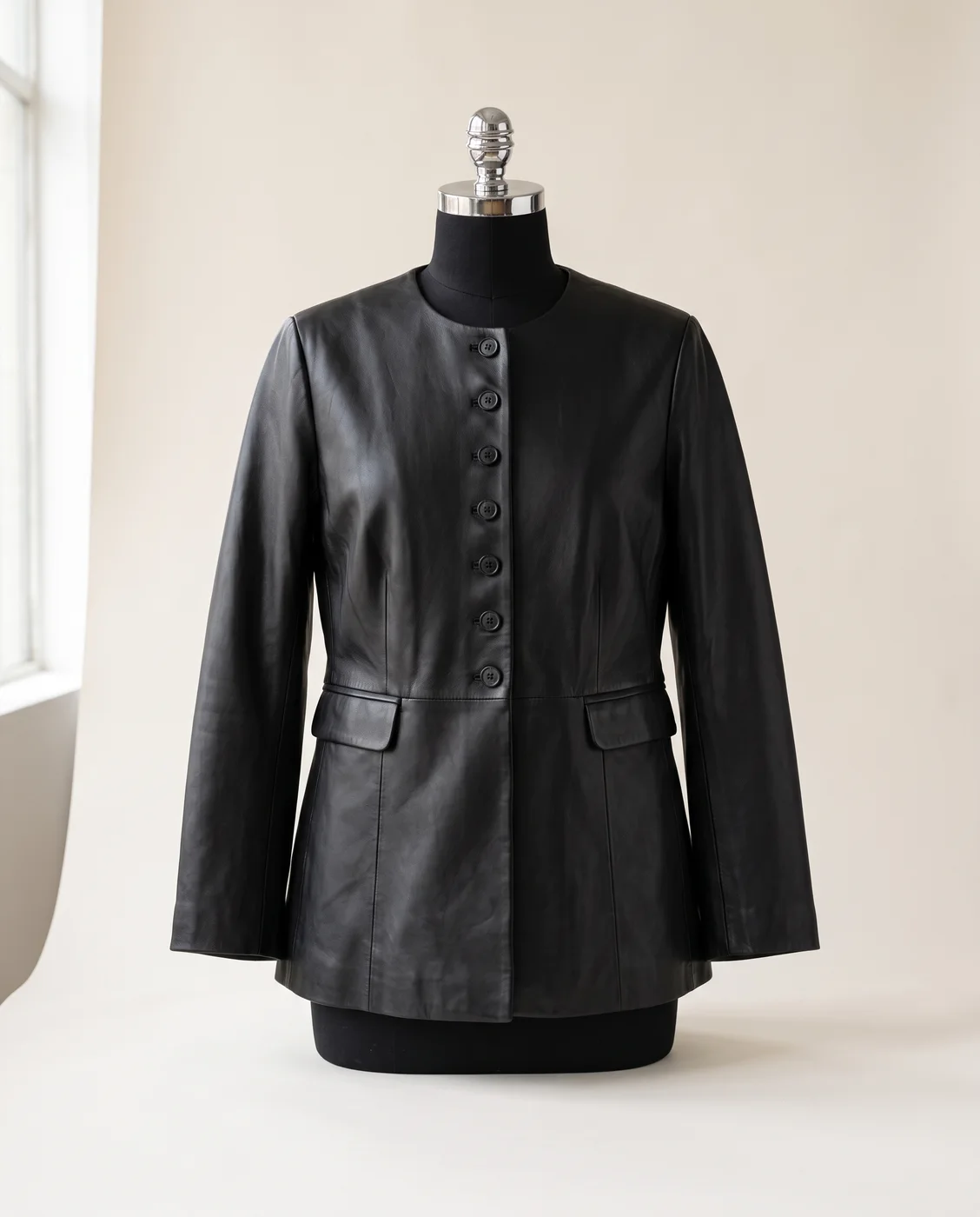Black Collarless leather blazer