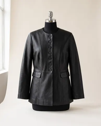 Black Collarless leather blazer