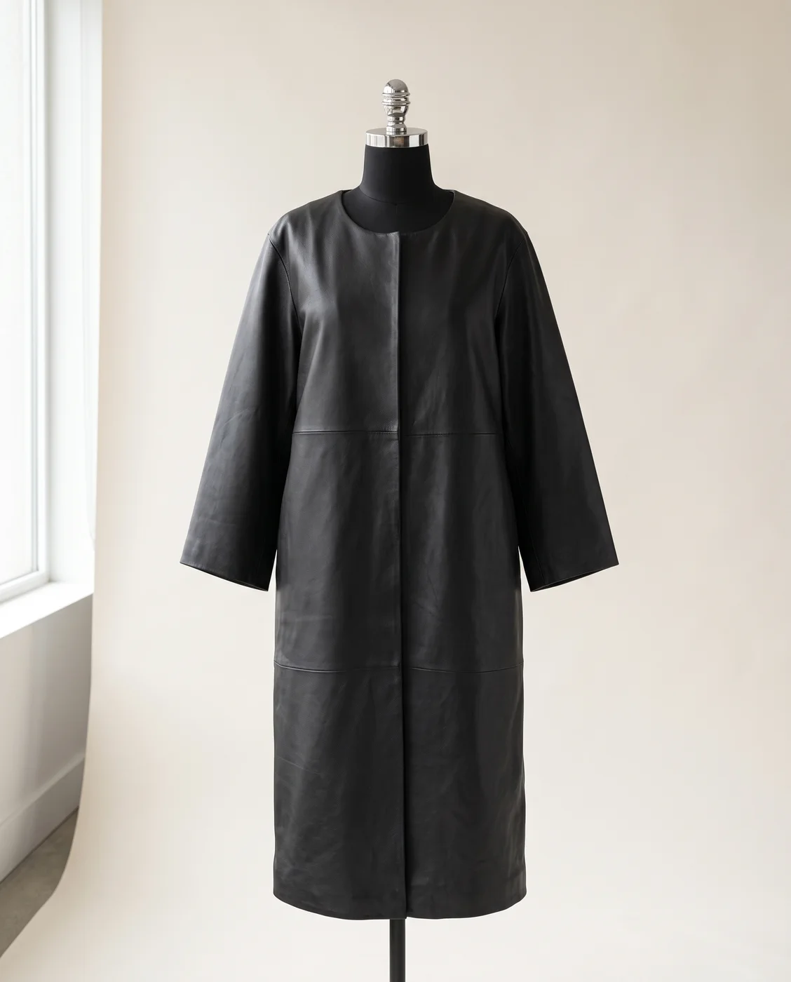 Black Panelled leather long coat
