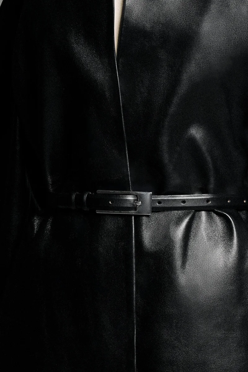 Black Panelled leather long coat, view