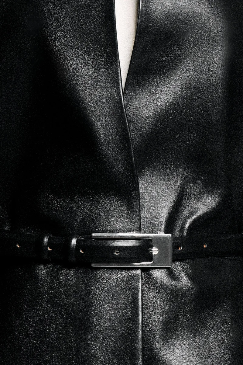 Black Panelled leather long coat, view 2
