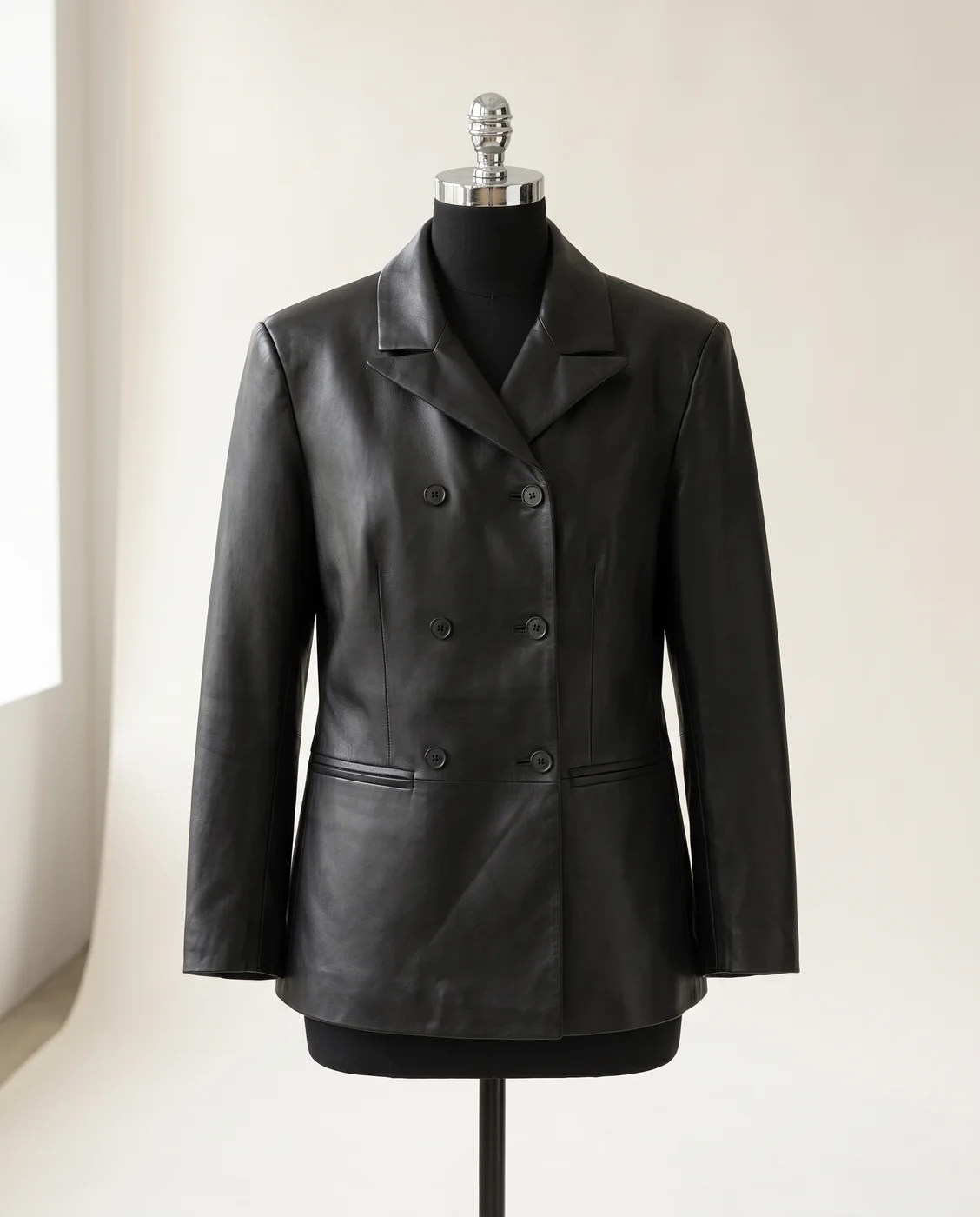 Black Double-breasted leather blazer