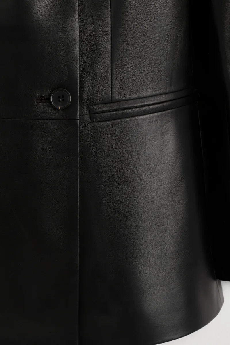 Black Double-breasted leather blazer, view