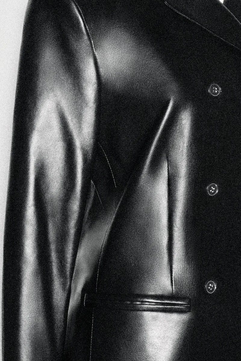 Black Double-breasted leather blazer, view 2