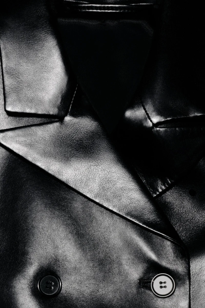 Black Double-breasted leather blazer, view 1