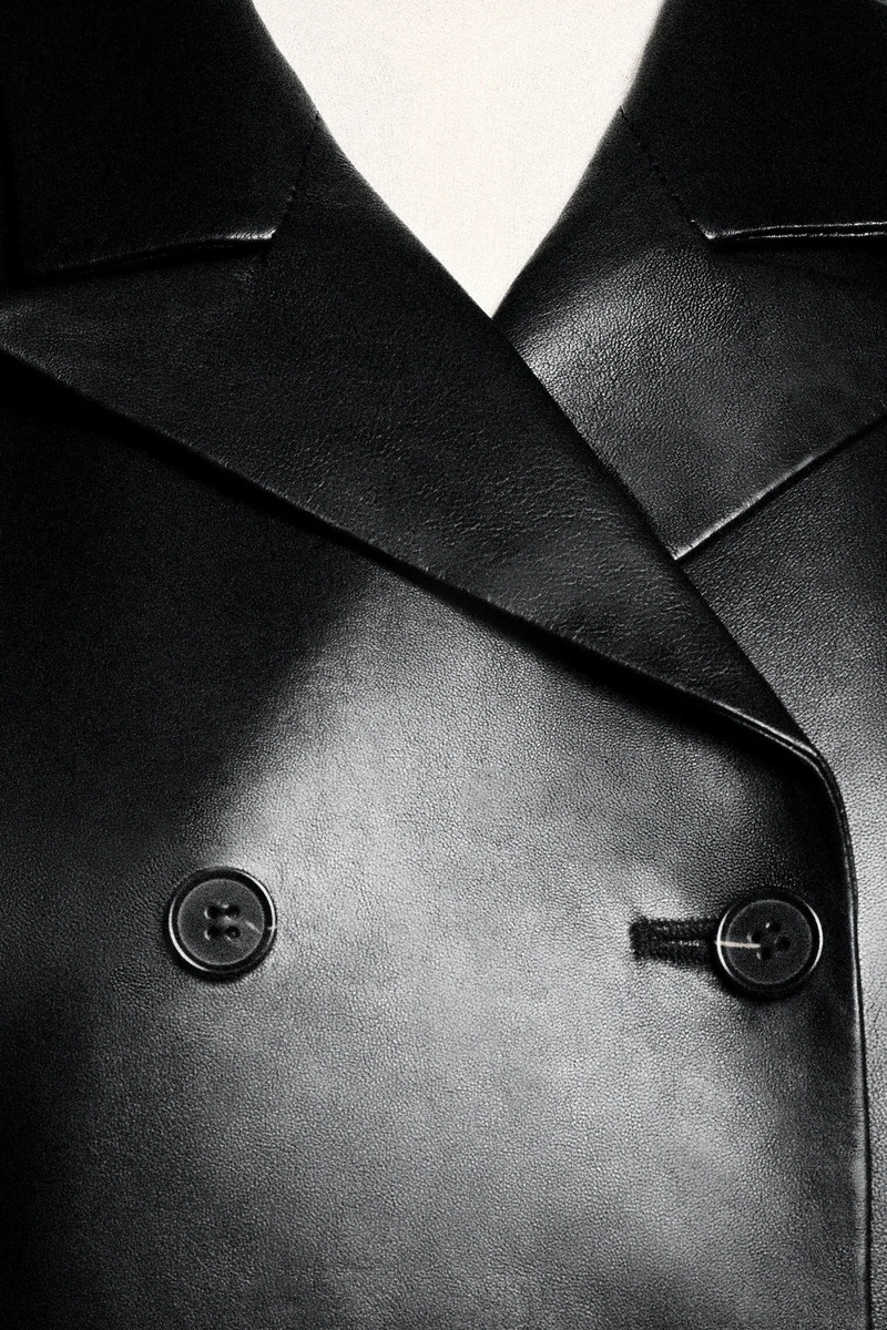 Black Double-breasted leather blazer, view 2